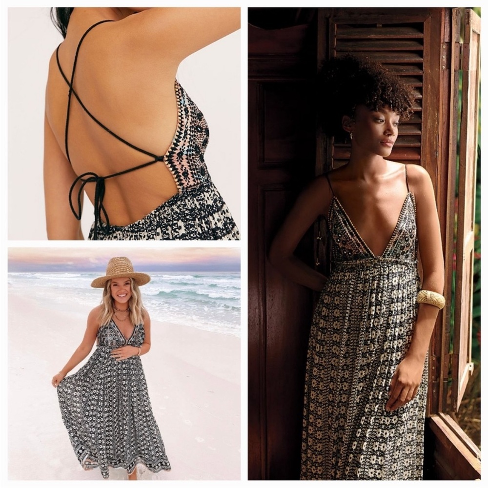 Free People Good Vibes Geometric Print Beaded Sequin Triangle Top Maxi Dress - Picture 8 of 16